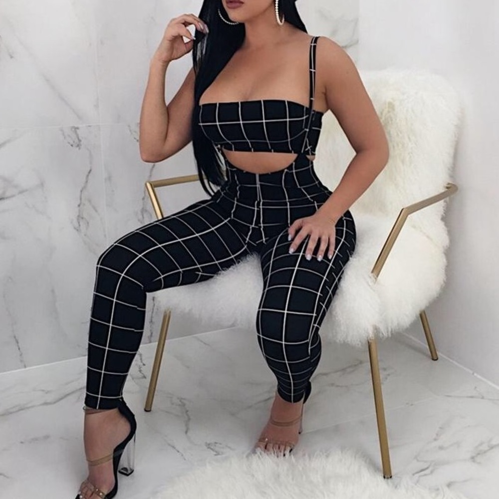 Black & White grid overall jumpsuit.